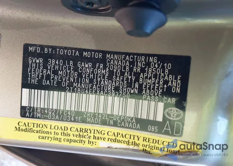 2010 Toyota Corolla Le z USA, uszkodzony, nr VIN 2T1BU4EEXAC393750